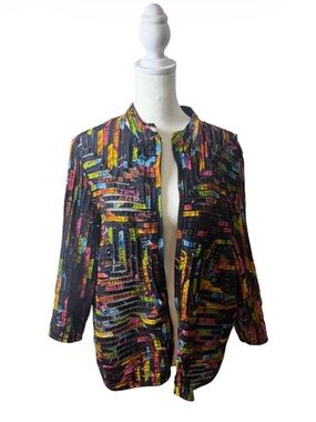 Multiples Multicolor Patterned Open-Front Jacket - Black Base. Size Large.